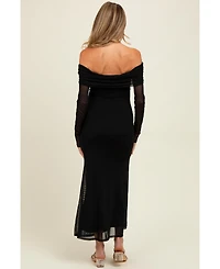 Pinkblush Maternity Black Mesh Overlay Off Shoulder Long Sleeve Midi Dress