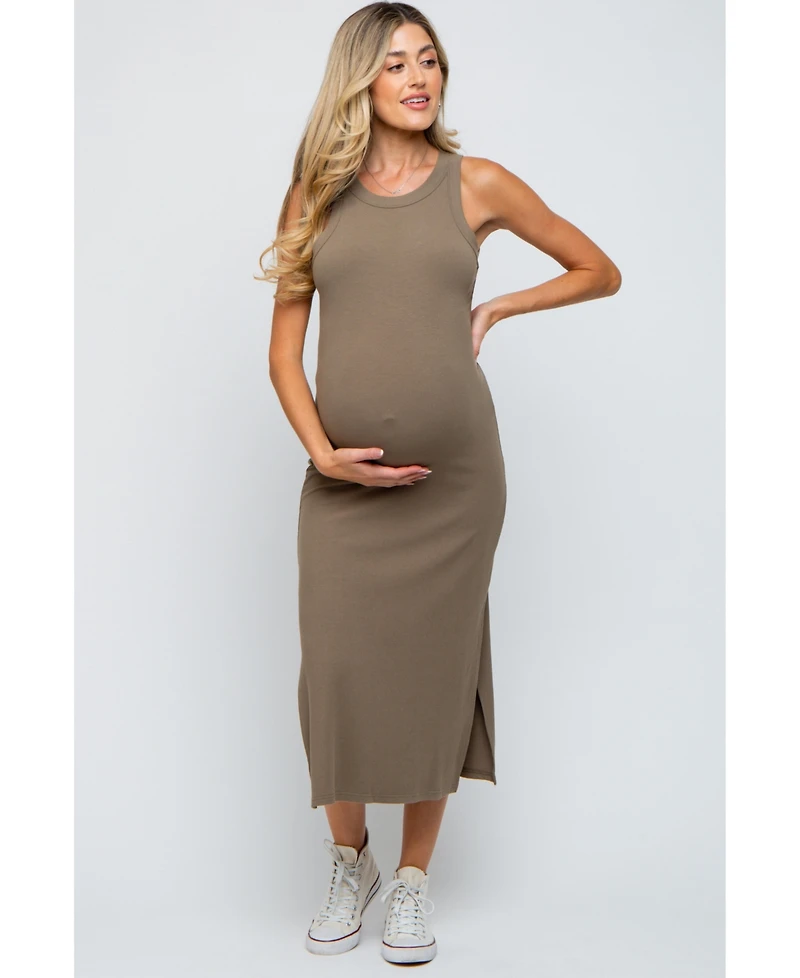 Pinkblush Maternity Taupe Ribbed Side Slit Tank Dress