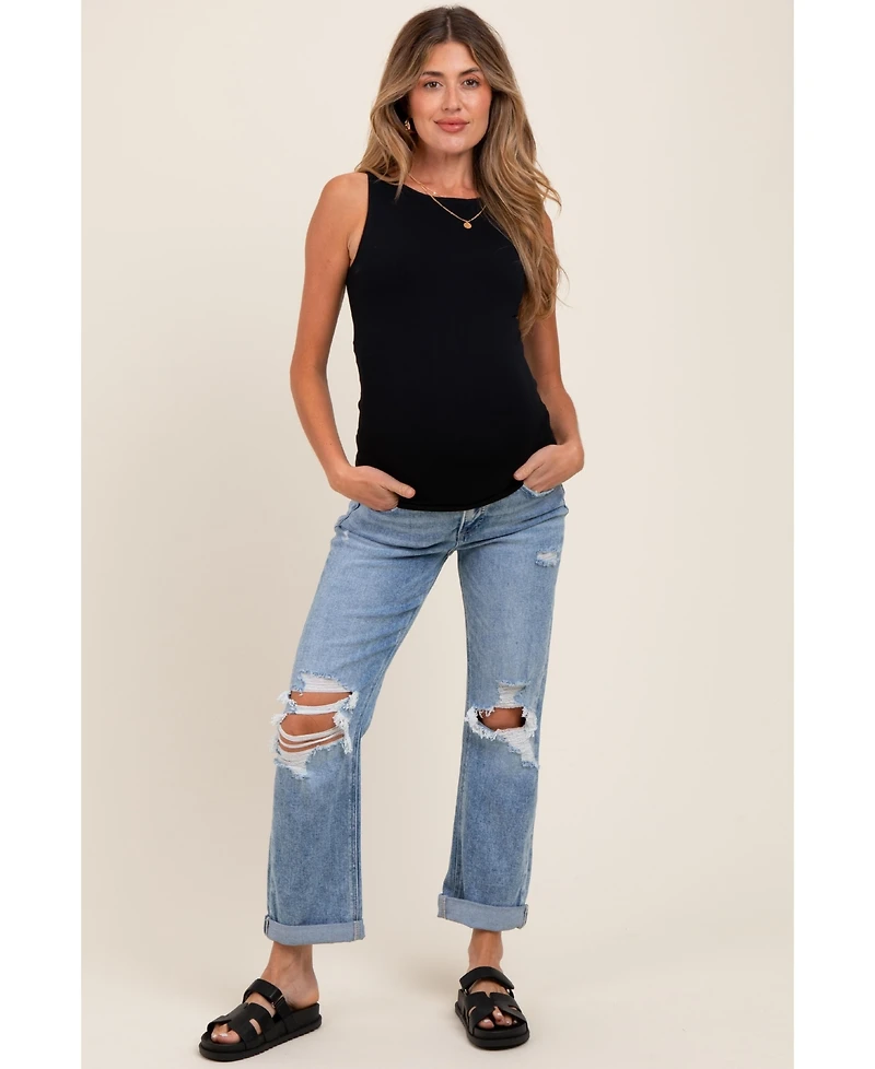 Pinkblush Maternity Light Blue Ripped Knee Rolled Cuff Straight Leg Jeans