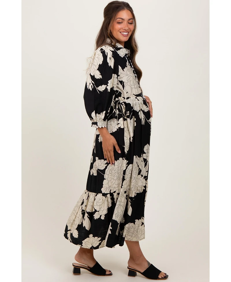 Pinkblush Maternity Black Floral Print Cinched Tie Waist Shirt Dress