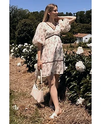 Pinkblush Maternity Cream Floral Deep V-Neck Back Cutout Dress
