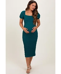 Pinkblush Forest Green Textured Square Neck Puff Sleeve Maternity Midi Dress