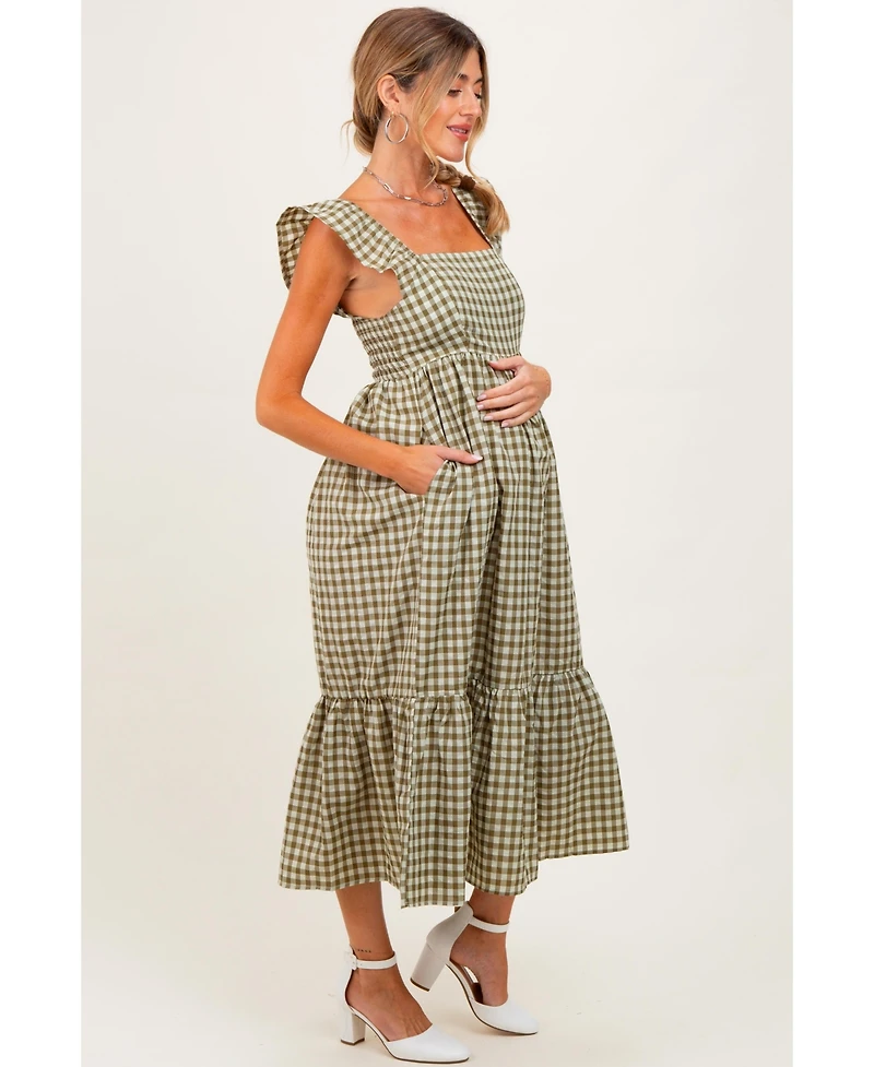 Pinkblush Maternity Olive Gingham Ruffle Strap Midi Dress