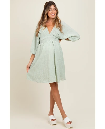 Pinkblush Maternity Sage Striped Balloon Sleeve V-Neck Dress
