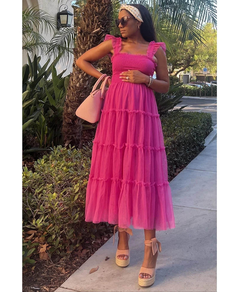 Pinkblush Maternity Smocked Mesh Ruffle Accent Midi Dress