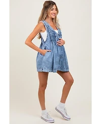 Pinkblush Blue Deep V-Neck Pleated Front Tie Sleeveless Maternity Romper