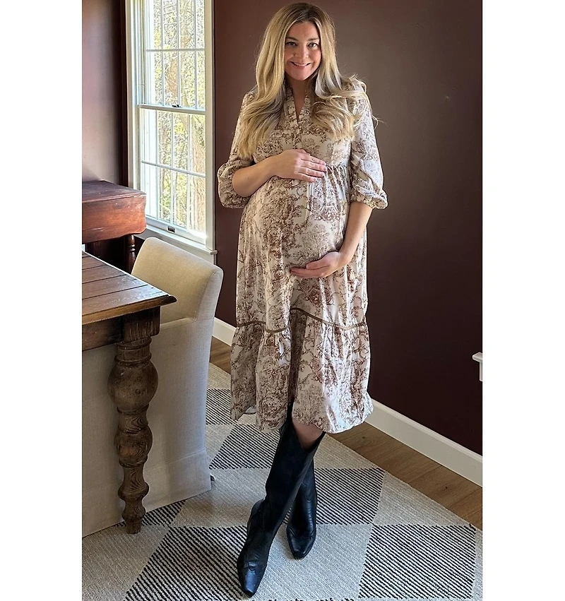 Pinkblush Maternity Brown Printed Split Ruffle Collar Midi Dress