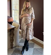 Pinkblush Maternity Brown Printed Split Ruffle Collar Midi Dress