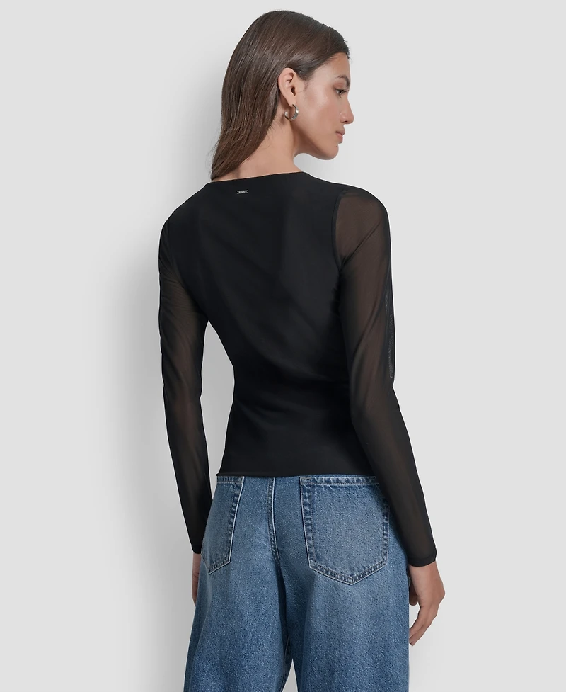 Dkny Jeans Women's Dome Studs Mesh Long Sleeves Slim Fit Top