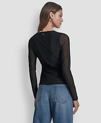 Dkny Jeans Women's Dome Studs Mesh Long Sleeves Slim Fit Top