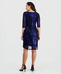 Connected Petite Sparkle Mesh 3/4-Sleeve Sheath Dress