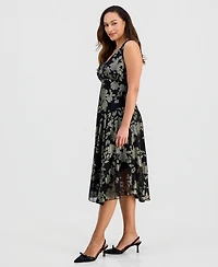 Connected Petite Metallic Floral Print Asymmetric Midi Dress