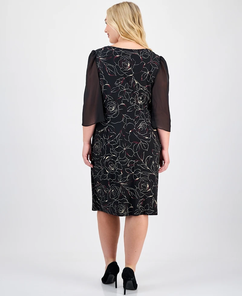 Connected Plus Sheer-Sleeve Printed Side-Tab Dress