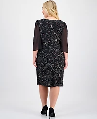 Connected Plus Sheer-Sleeve Printed Side-Tab Dress