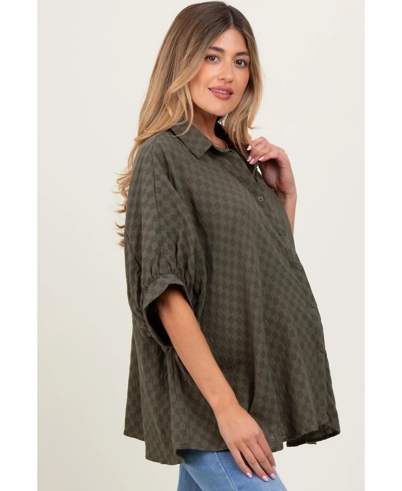 Pinkblush Maternity Olive Checker Print Short Sleeve Oversized Blouse