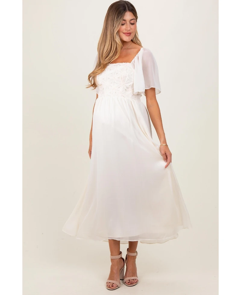 Pinkblush MaternityCream Floral Applique Flutter Sleeved Maternity Midi Dress
