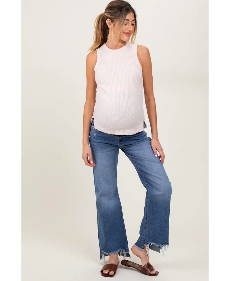 Pinkblush Blue Distressed Fringe Hi-Lo Hem Cropped Flare Maternity Jeans