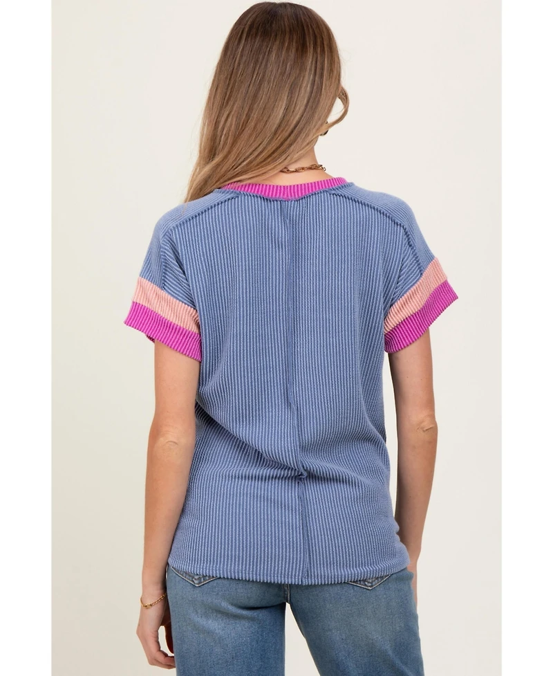 Pinkblush Maternity Pink Ribbed Colorblock Detail Short Sleeve Top