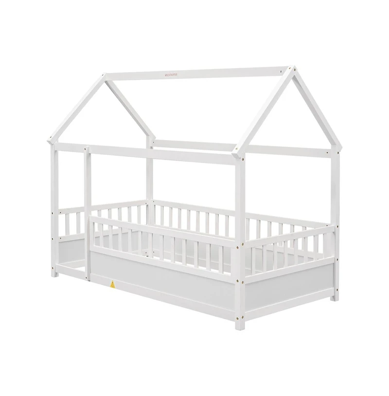 Cesicia Kids Wooden House Floor Bed with Roof & Fence Guardrails Twin Low Profile Play for Boys and Girls