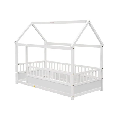 Cesicia Kids Wooden House Floor Bed with Roof & Fence Guardrails Twin Low Profile Play for Boys and Girls