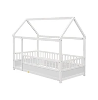 Cesicia Kids Wooden House Floor Bed with Roof & Fence Guardrails Twin Low Profile Play for Boys and Girls