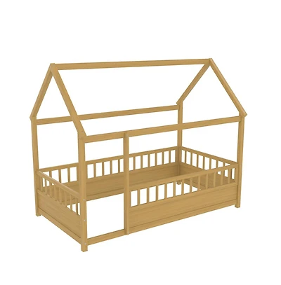 Cesicia Kids Wooden House Floor Bed with Roof & Fence Guardrails Twin Low Profile Play for Boys and Girls