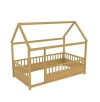 Cesicia Kids Wooden House Floor Bed with Roof & Fence Guardrails Twin Low Profile Play for Boys and Girls