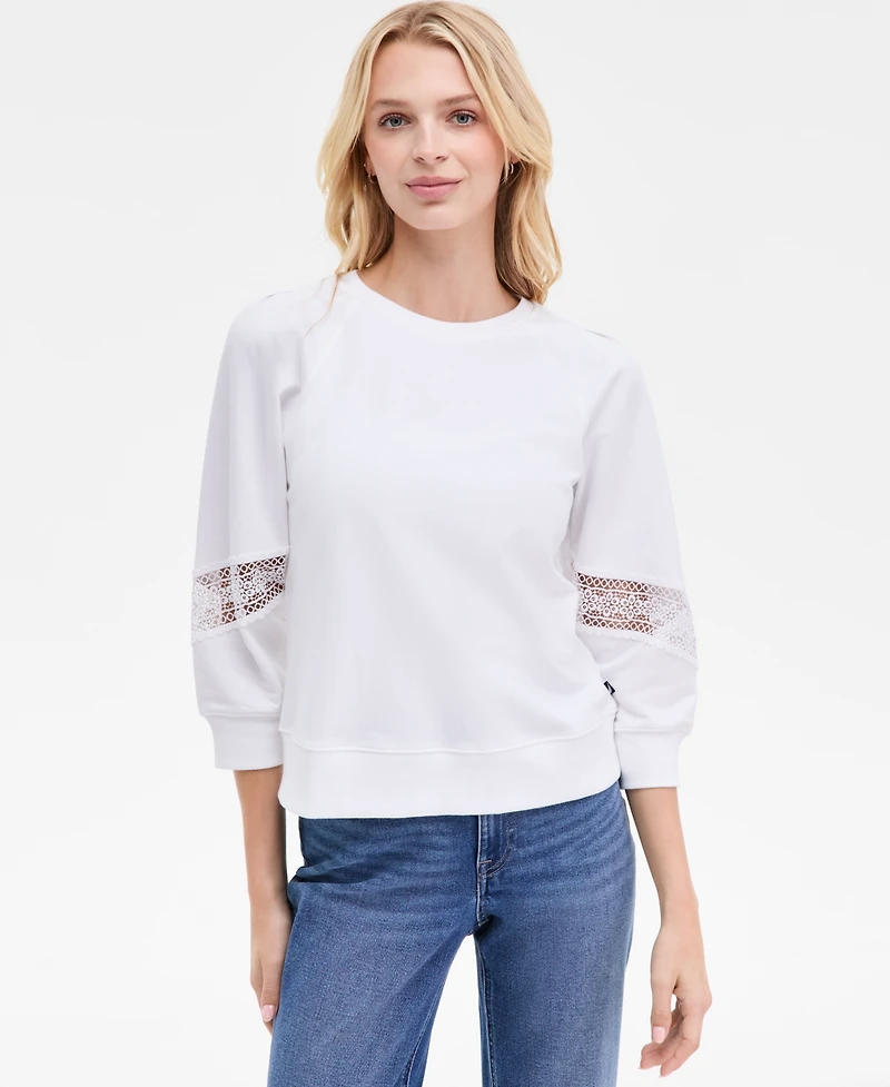 Nautica Jeans Women's Pleated Lace-Trim 3/4-Sleeve Sweatshirt