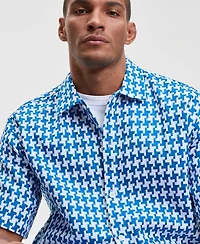 Mode of One Men's Relaxed Fit Short Sleeve Yarn-Dyed Geo Button-Front Shirt, Macy's Exclusive