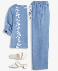 Charter Club Women's 100% Linen Floral-Embroidered 3/4-Sleeve Top, Macy's Exclusive