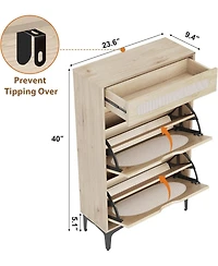 Rattan Shoe Cabinet with 2 Flip Drawers and 1 Pull-Out Drawer, 3-Position Adjustable Shelf, Narrow Shoe Cabinet for Entryway/Porch, Oak