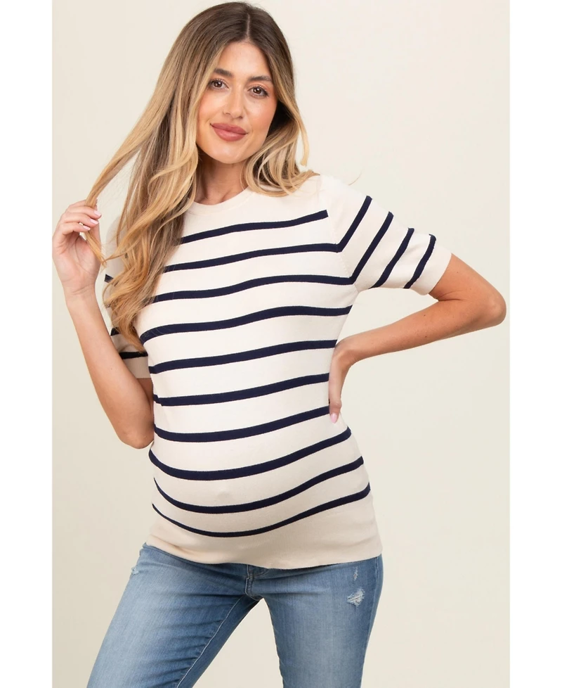 Pinkblush Maternity Navy Blue Striped Knit Short Sleeve Top