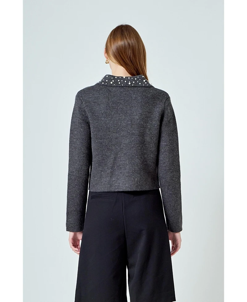 Endless Rose Women's Pearl Embellished Collar Cardigan