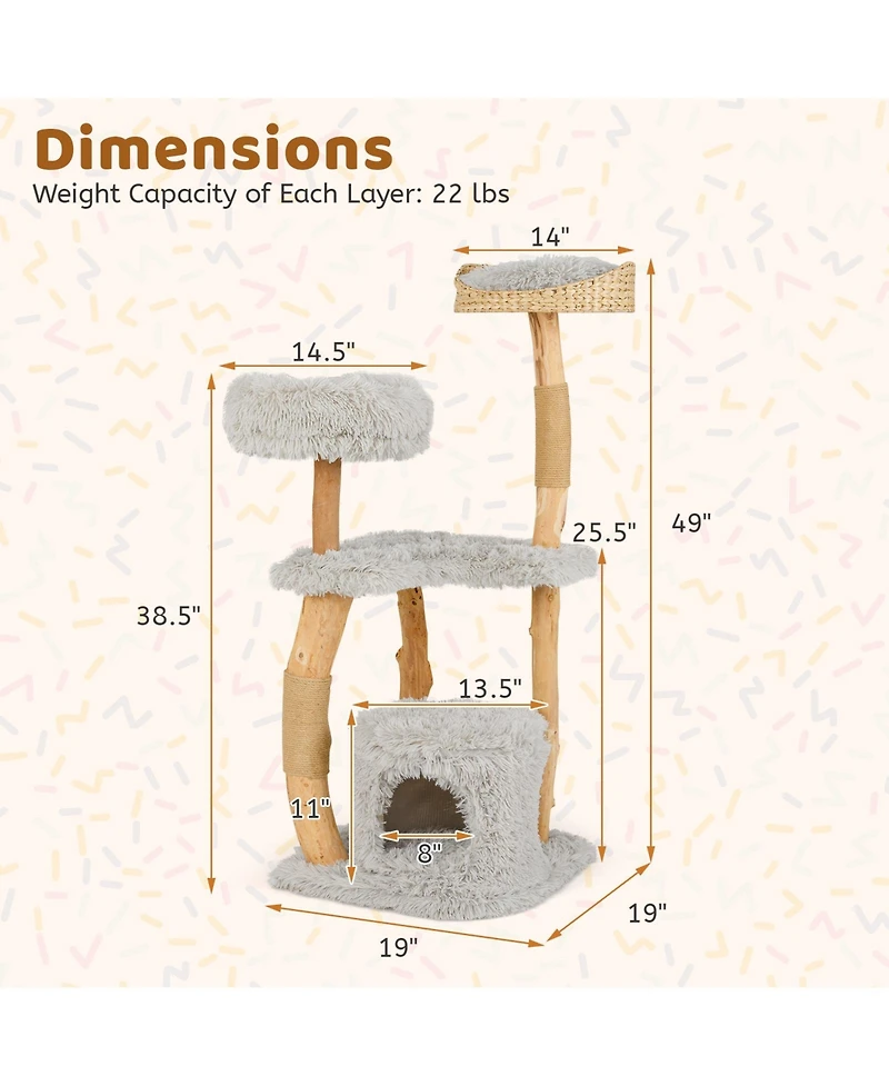 Gymax 49'' Tall Wooden Cat Tree Solid Wood Cat Tower w/ Jute Scratching Posts