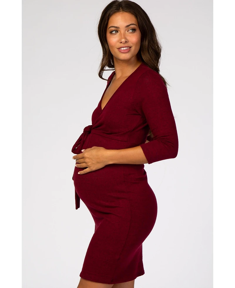 Pinkblush Maternity Burgundy Brushed Knit Wrap Fitted Maternity/Nursing Dress