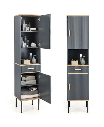 Gymax Tall Bathroom Storage Cabinet Freestanding Narrow Linen Tower w/ Doors & Drawer