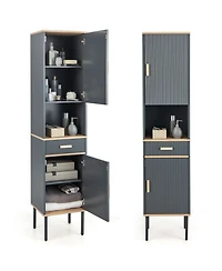 Gymax Tall Bathroom Storage Cabinet Freestanding Narrow Linen Tower w/ Doors & Drawer