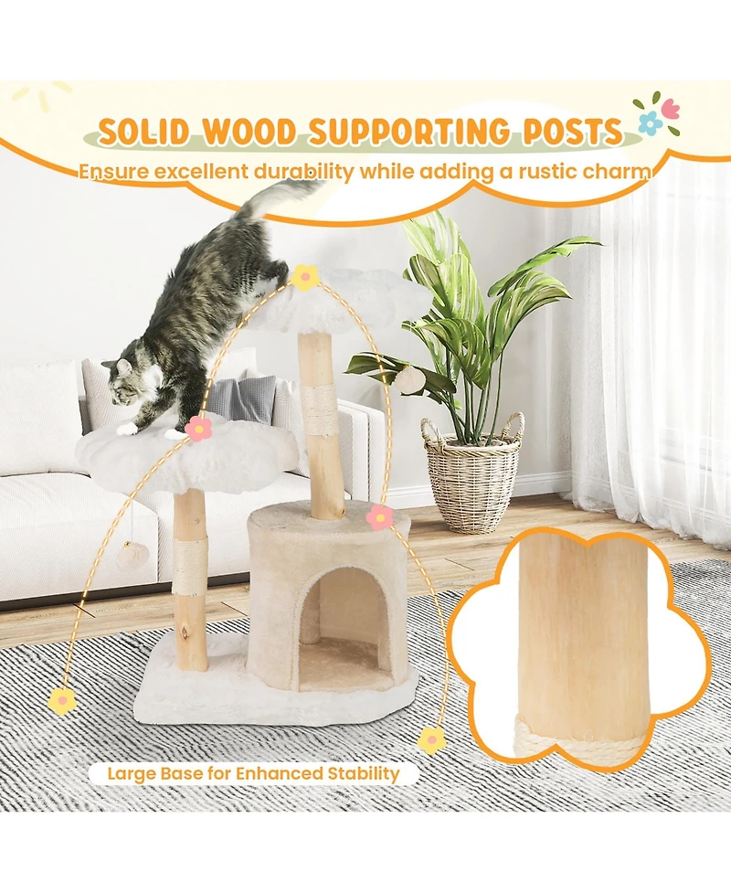 Gymax Cute Solid Wood Cat Tree Natural Branch Modern Flower Cat Tower w/Soft Long