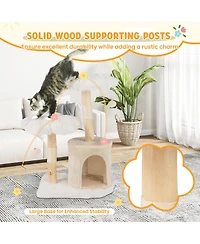 Gymax Cute Solid Wood Cat Tree Natural Branch Modern Flower Cat Tower w/Soft Long