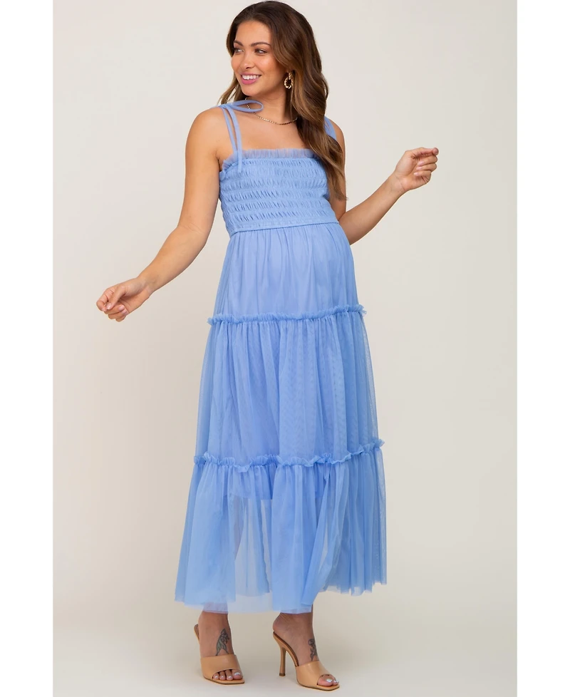 Pinkblush Maternity Light Blue Smocked Mesh Midi Dress