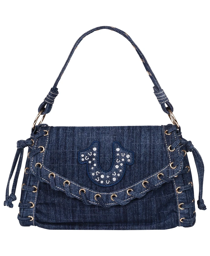 True Religion Studded Horseshoe Eyelet Denim Flap Bag