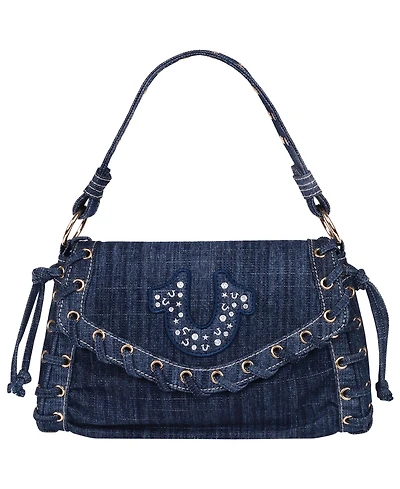 True Religion Studded Horseshoe Eyelet Denim Flap Bag