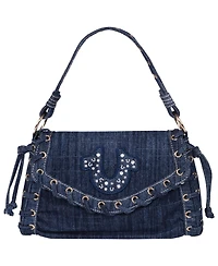 True Religion Studded Horseshoe Eyelet Denim Flap Bag