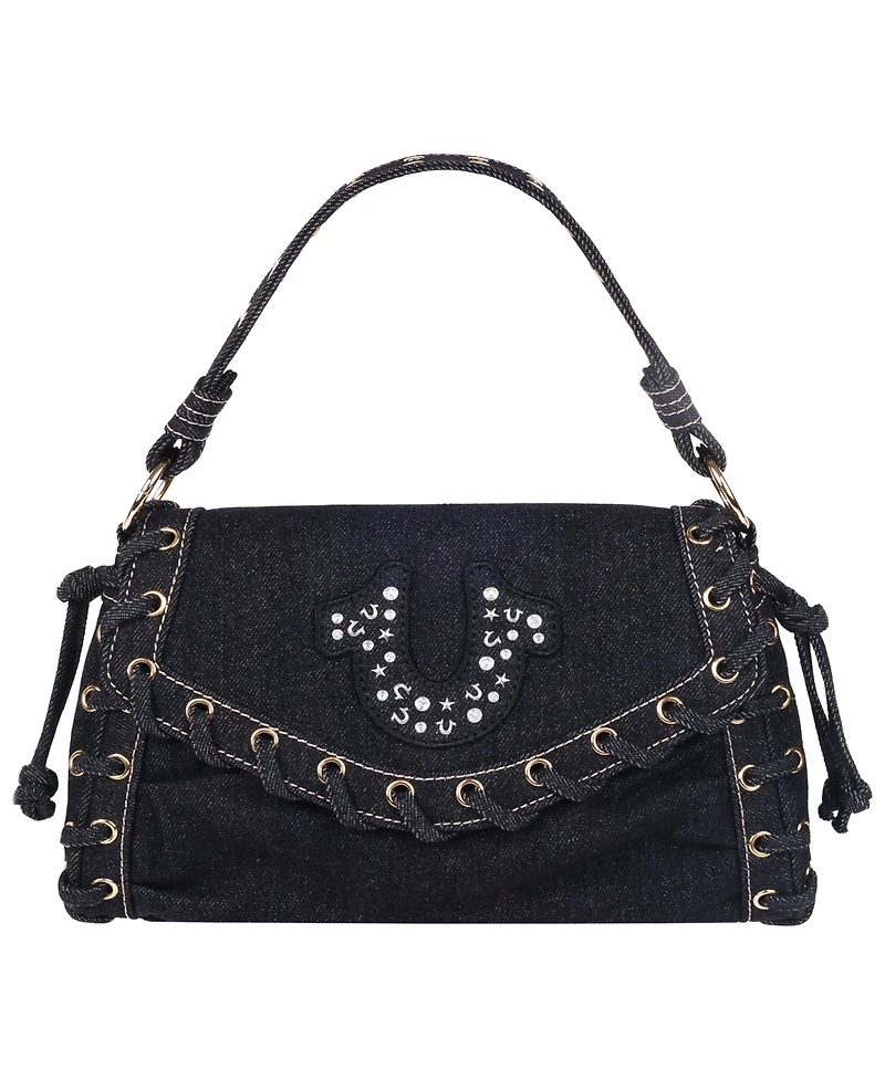 True Religion Studded Horseshoe Eyelet Denim Flap Bag