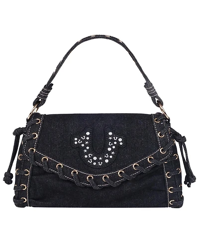 True Religion Studded Horseshoe Eyelet Denim Flap Bag