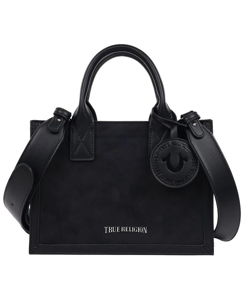 True Religion Suede Pu Box Tote with Logo Tag