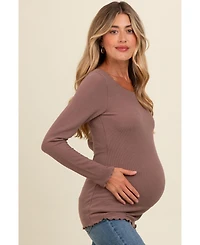 Pinkblush Maternity Brown Ribbed Knit Long Sleeve Lettuce Hem Top