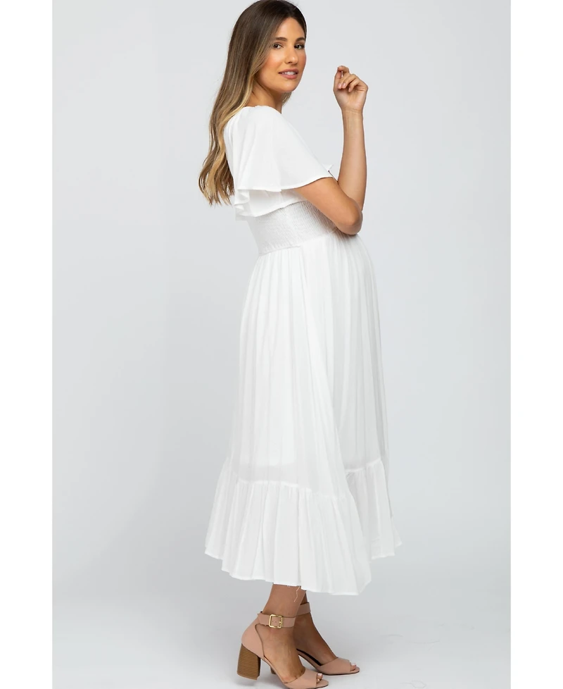 Pinkblush Maternity Ivory Smocked V-Neck Midi Dress