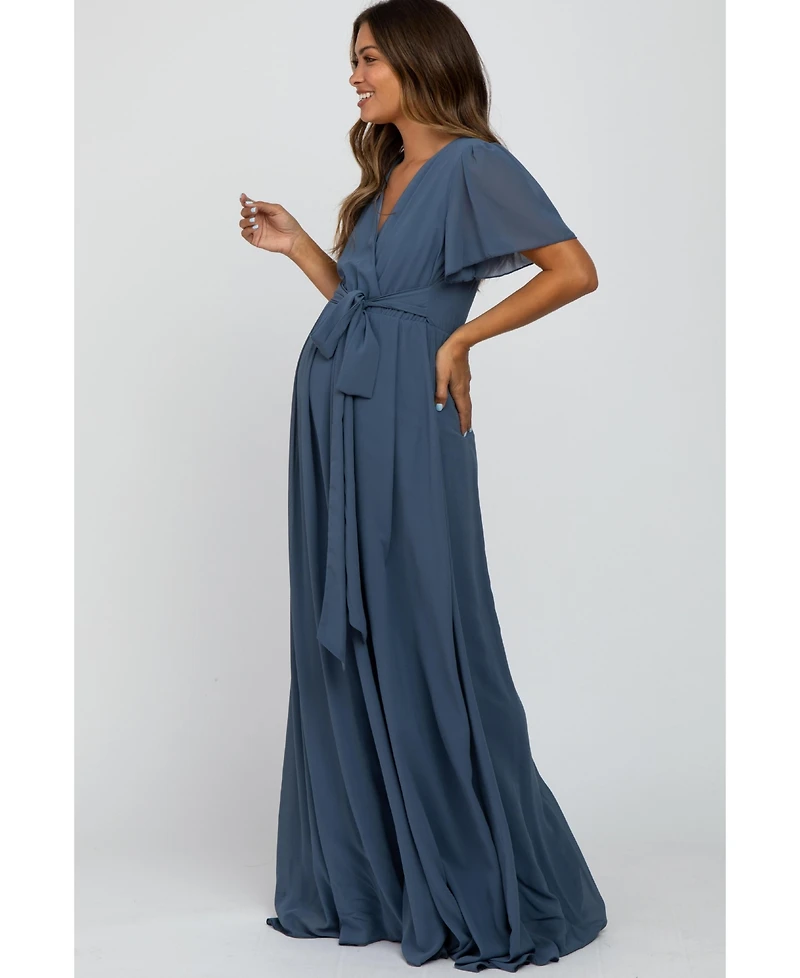 Pinkblush Maternity Blue Chiffon Short Sleeve Maxi Dress