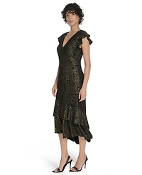 Tommy Hilfiger Women's V-Neck Tiered Hem Foil Midi Dress